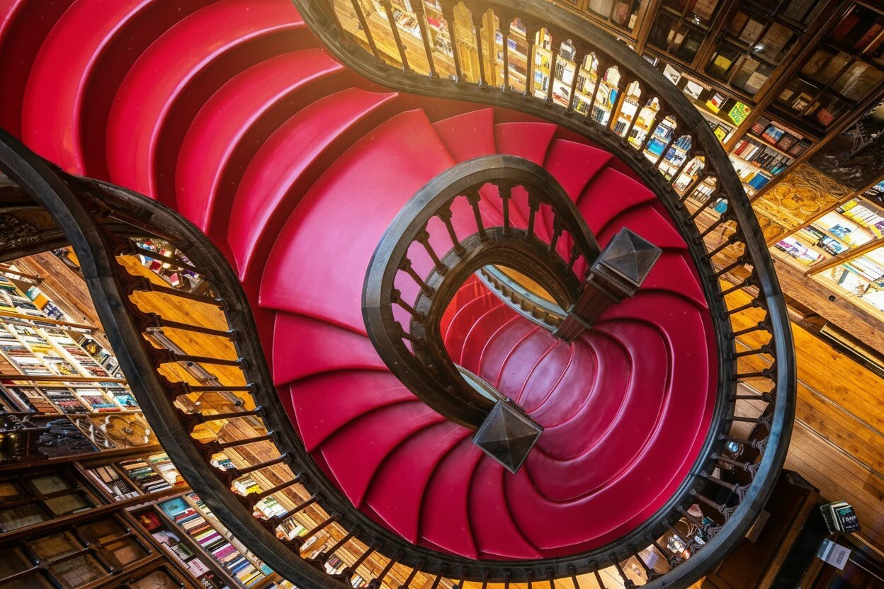 Vista a chiocciola della scala della Libreria Lello