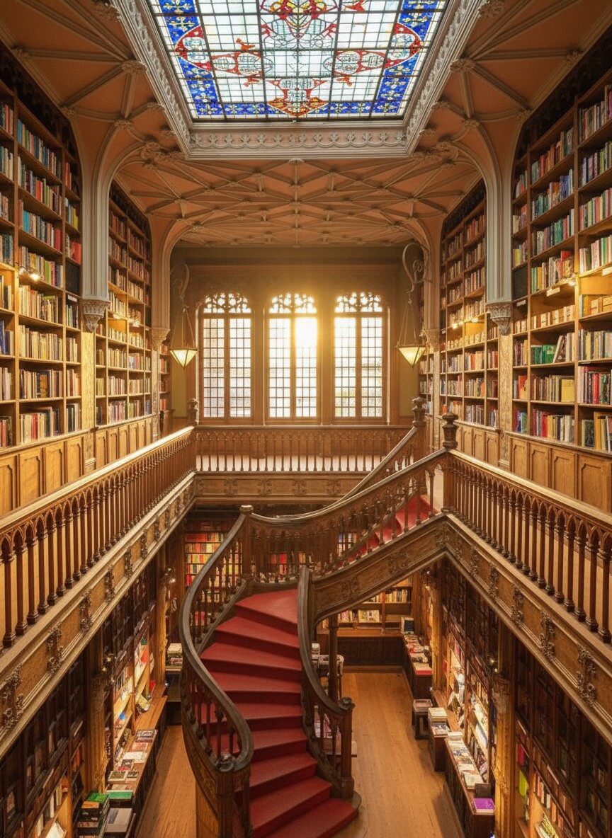 Libreria Lello a Porto - scala rossa centrale e vetrata Decus in Labore